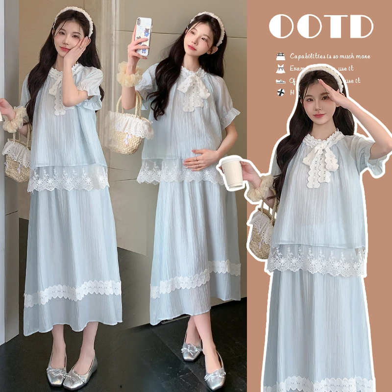 孕妇装夏季时尚洋气网红孕妇夏装上衣半身裙两件套宽松大码孕妇潮