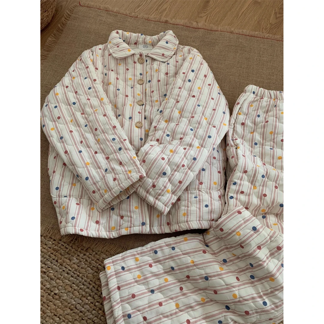 韩版简约休闲波点夹棉睡衣女款秋冬季加厚保暖大码家居服两件套装