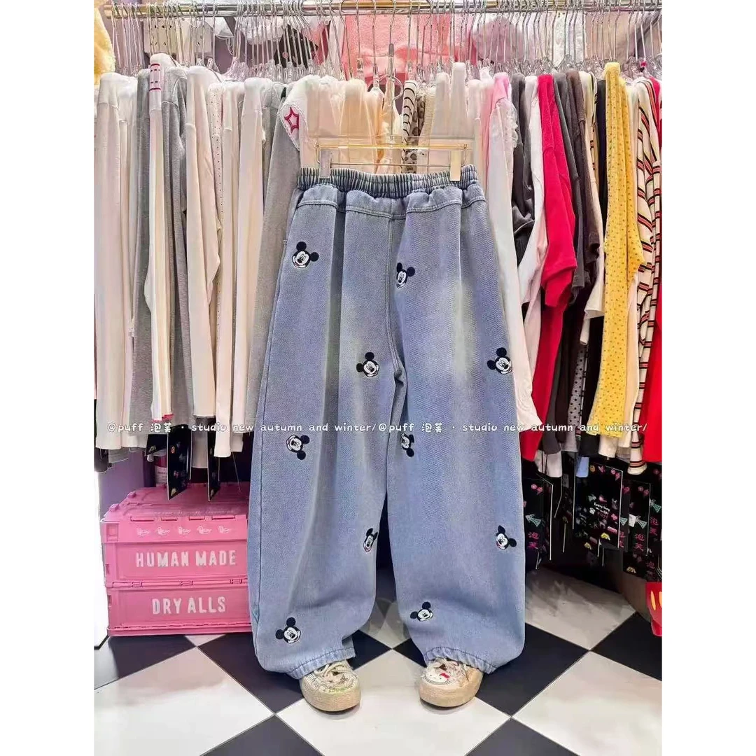 蓝色牛仔鼠鼠印花长裤休闲舒适百搭保暖