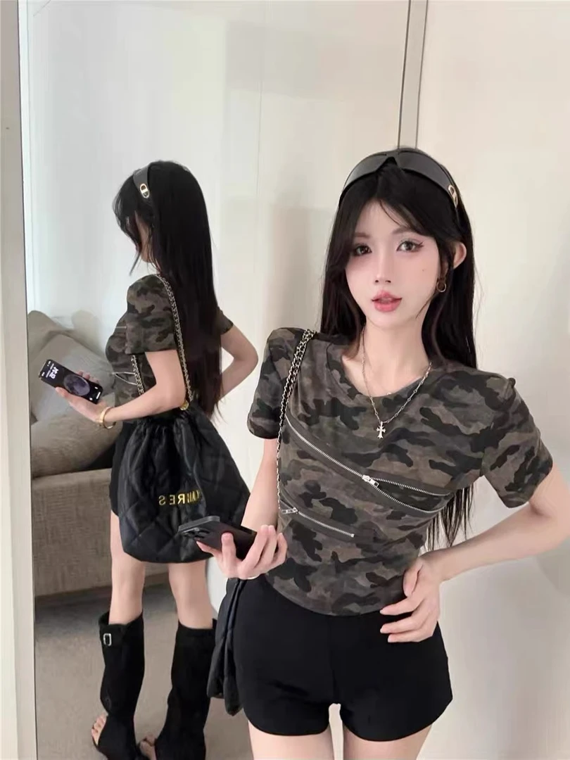 美式复古辣妹紧身迷彩短款T恤女时尚设计感拉链拼接显瘦迷彩上衣
