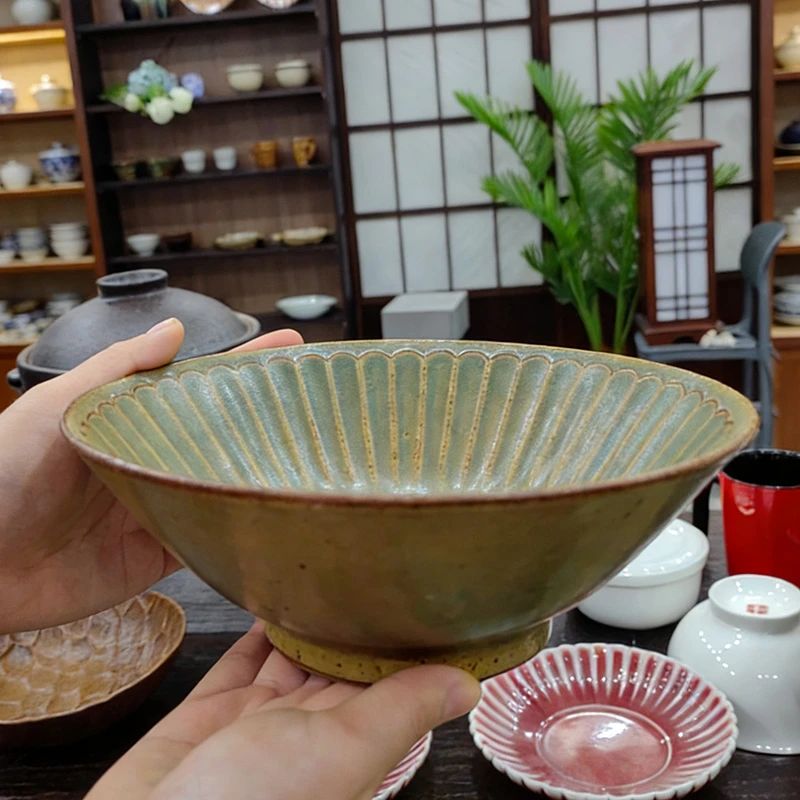 「手工粗陶」溪照条纹大汤碗：家用面碗/汤碗