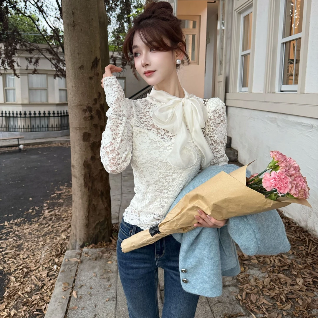 蕾丝高领蝴蝶结气质蕾丝衫小众设计感长袖半高领衬衫