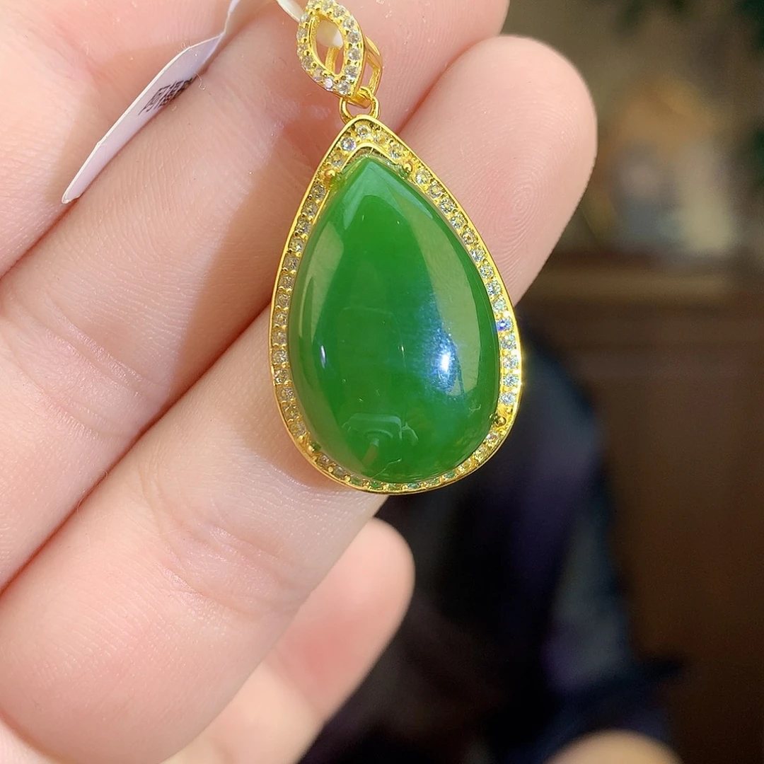 吊坠(不含链)银S925镶嵌和田玉（碧玉）吊坠