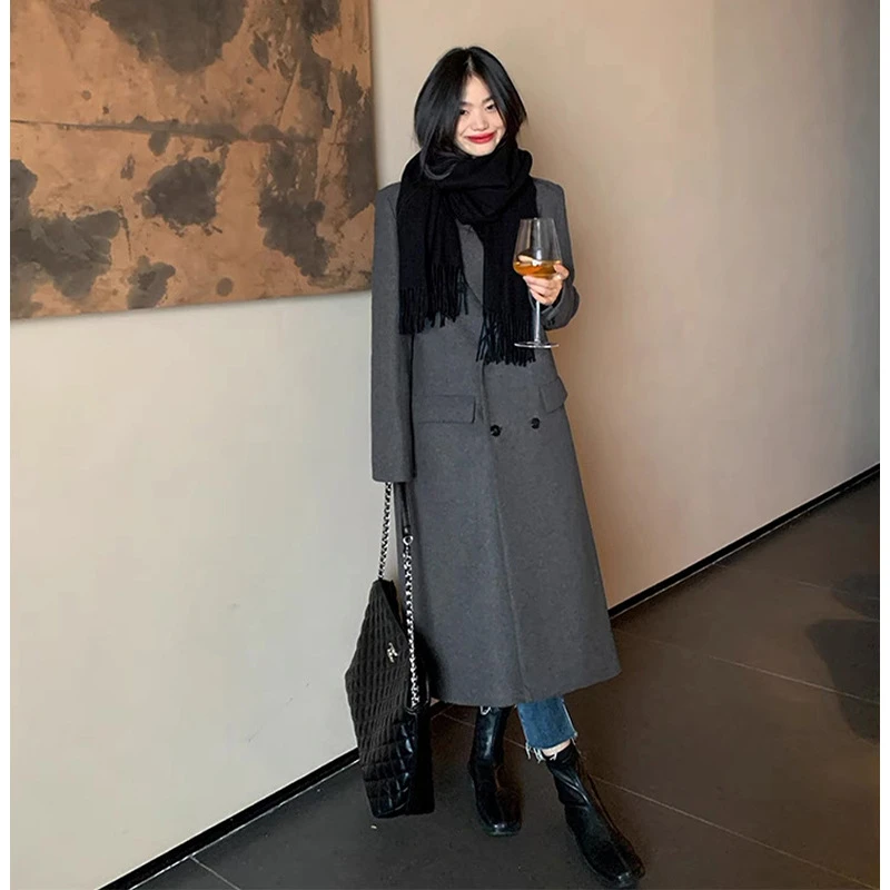 大码法式冬季灰色毛呢外套胖妹妹双排扣减龄遮肉长款黑色呢子大衣