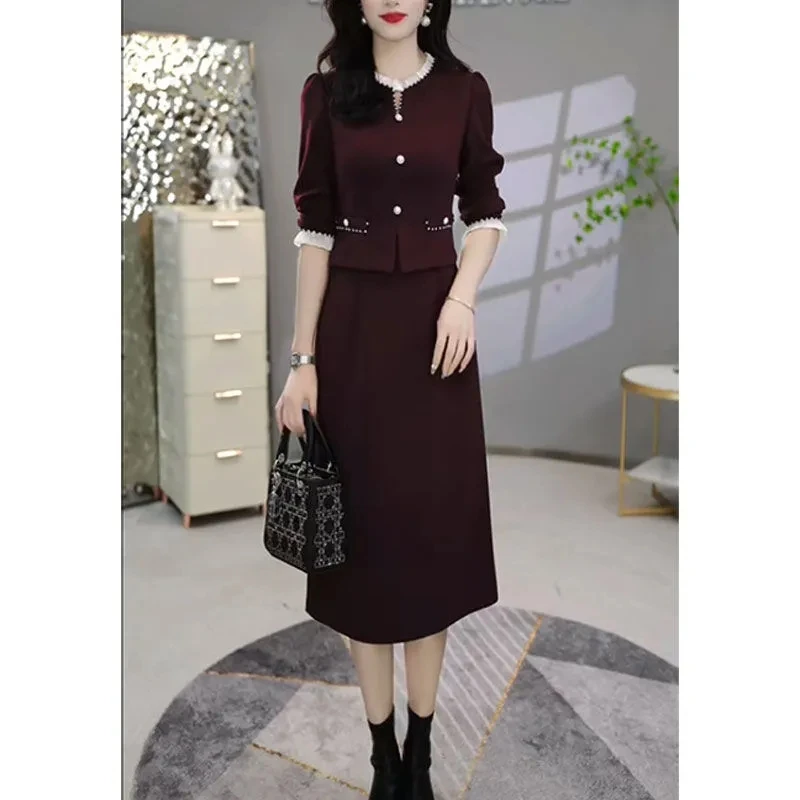 2025秋季新款圆领长袖假两件连衣裙时尚遮肉显瘦木耳边设计长裙