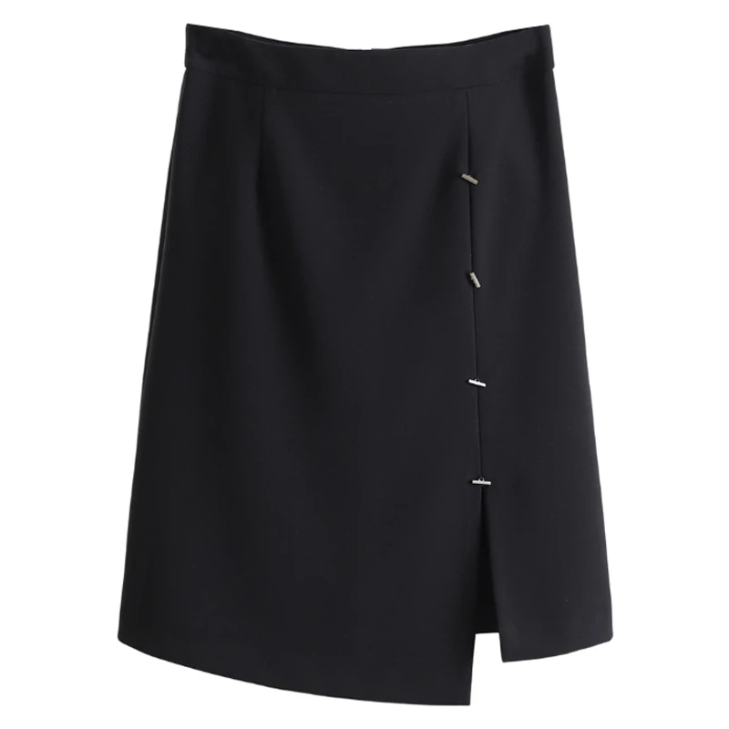 F1439-【依】不规则开叉小黑裙中腰百搭半身裙#WYL56E011