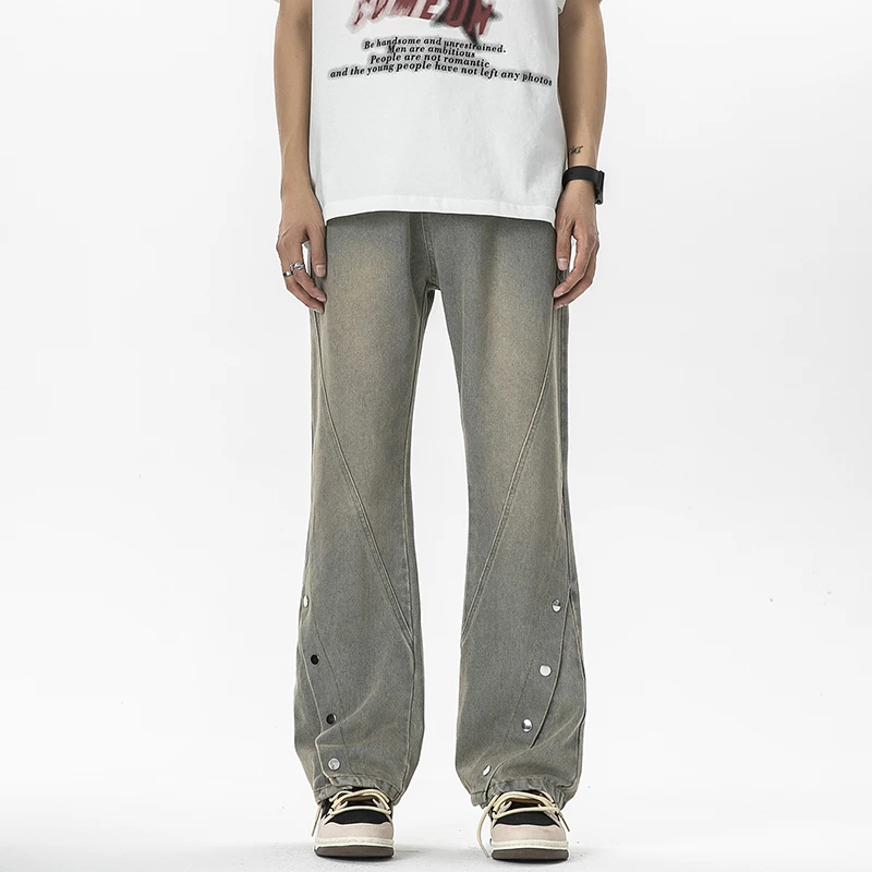 美式水洗复古排扣牛仔裤潮牌宽松直筒显瘦拼接长裤