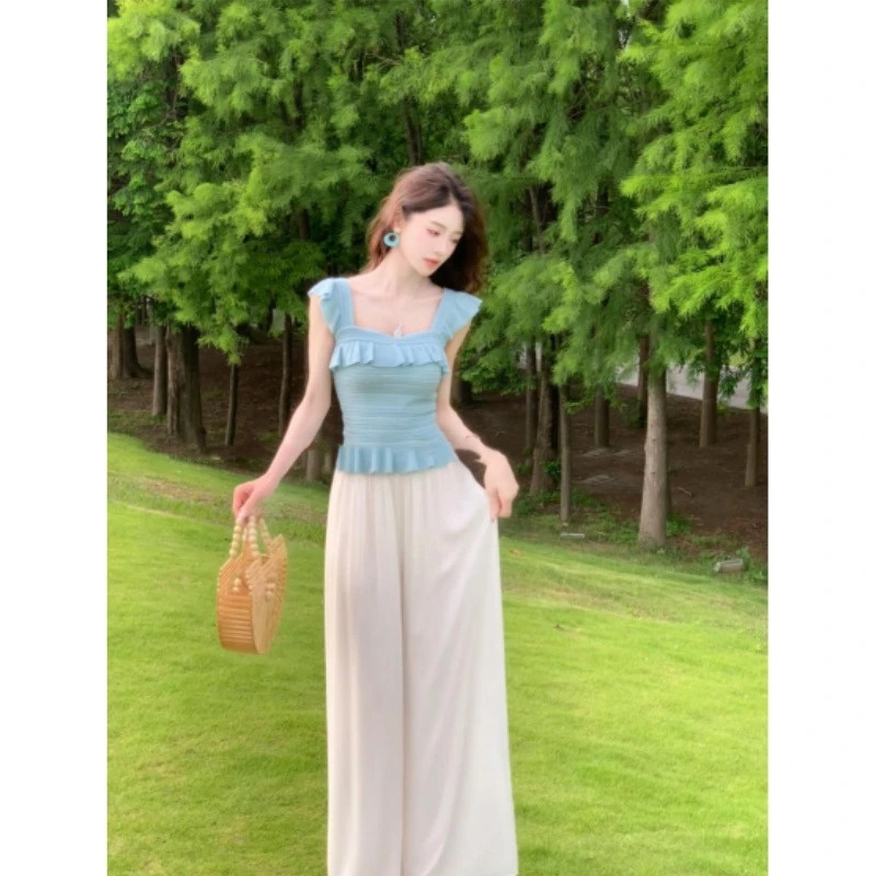 法式方领荷叶边针织吊带背心女百搭高级感飞飞袖绝美短款上衣