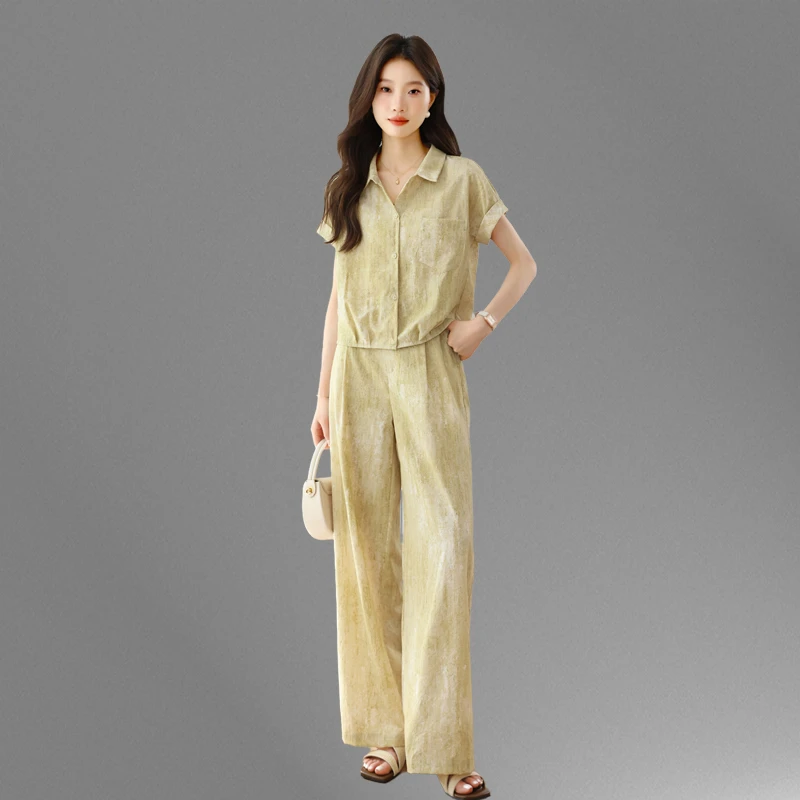 夏季套装女2025新款高级感时尚休闲洋气减龄衬衫上衣阔腿裤两件套