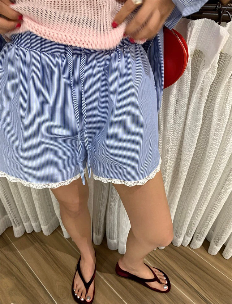 笑老板【蕾丝条纹短裤】韩国东大门2025新款蕾丝边松紧腰休闲短裤