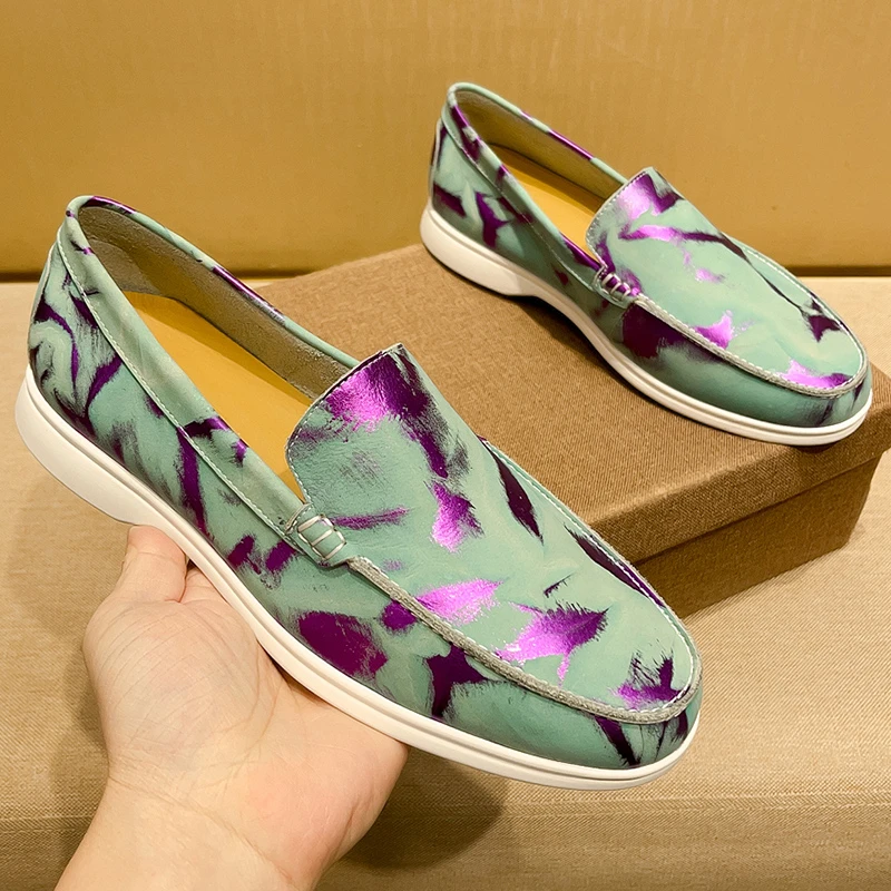 SCAVIOLA男士炫彩印花真皮豆豆鞋夏季低帮增高皮鞋休闲透气乐福鞋