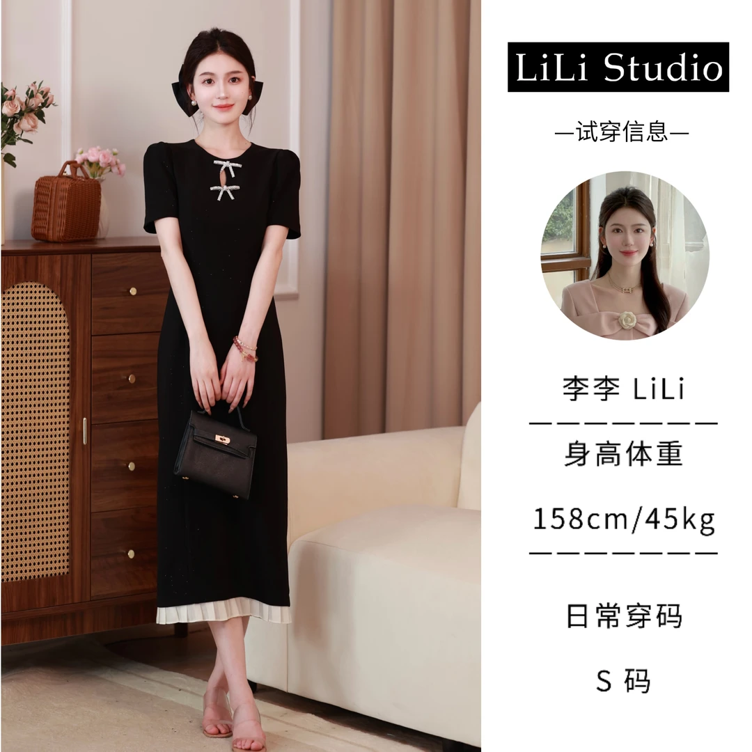 【安吉丽娜】LiLi法式气质高级感重工显瘦黑色连衣裙 XMZH3185