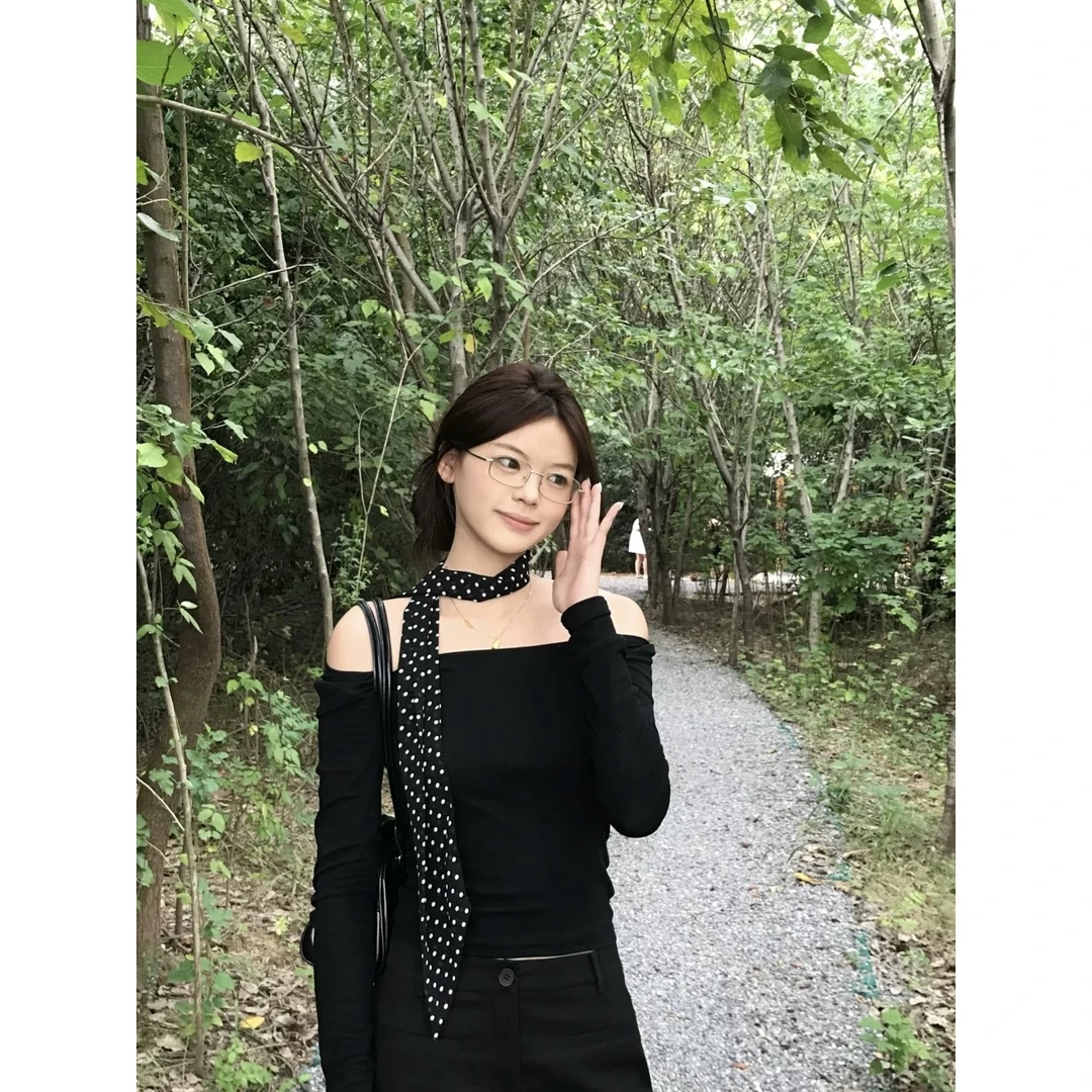 9899#黑色小波点丝巾百搭薄款柔软纱巾