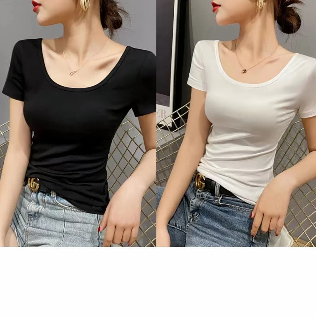 低领修身短袖T恤显瘦设计感U领锁骨T