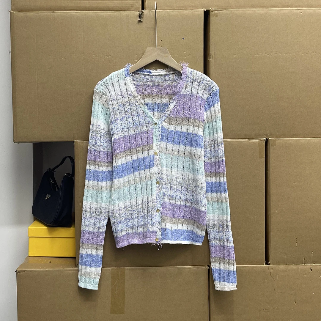 外贸沅货！秋季新款开衫薄设计感镂空彩虹拼接色条纹外搭针织衫