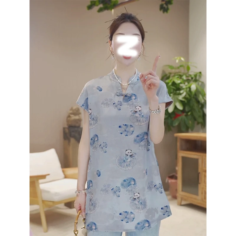 新中式旗袍薄款衬衫女士装短袖夏季中长款国风盘扣高端高级感上衣