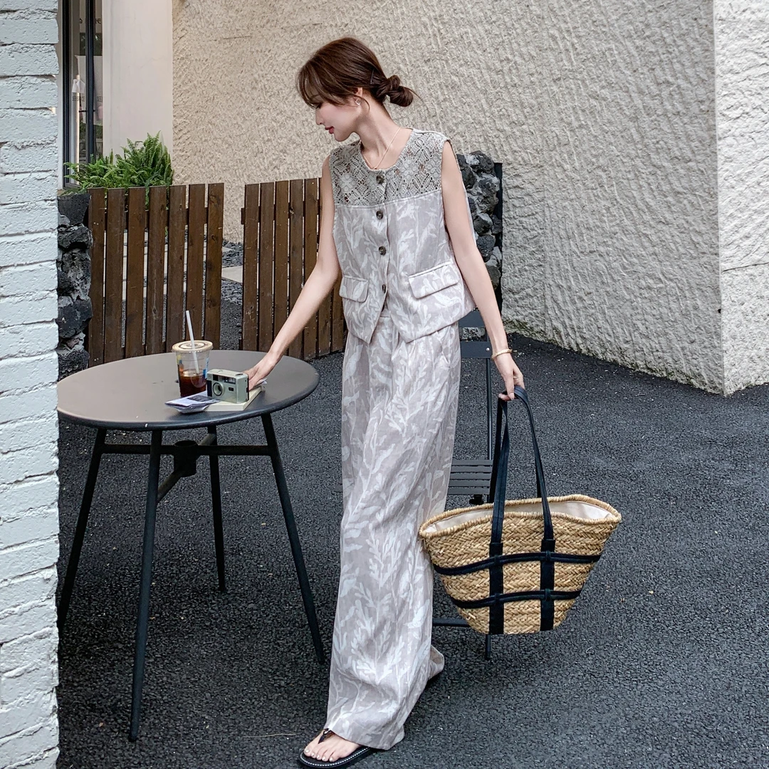 轻奢风时尚高级感套装裤女2025夏季新款蕾丝拼接上衣阔腿裤两件套