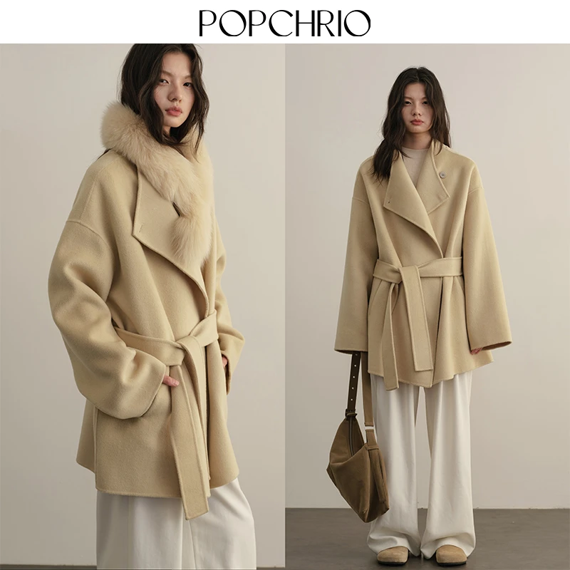 POPCHRIO欧可芮◆羊毛斗篷双面呢短款毛呢大衣狐狸皮草脖围小个子2