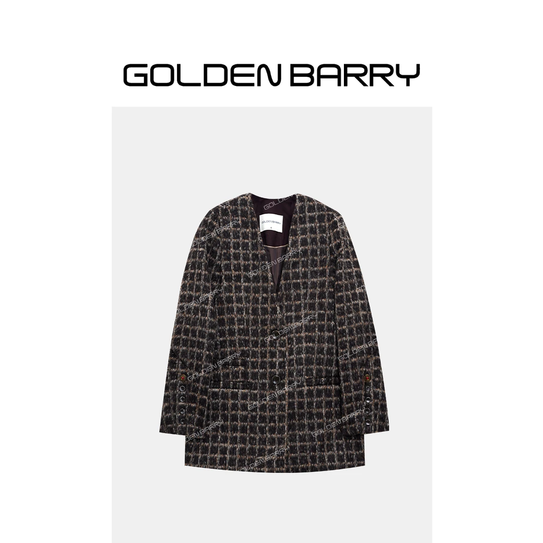 GOLDENBARRY|142086深V领格子毛呢外套