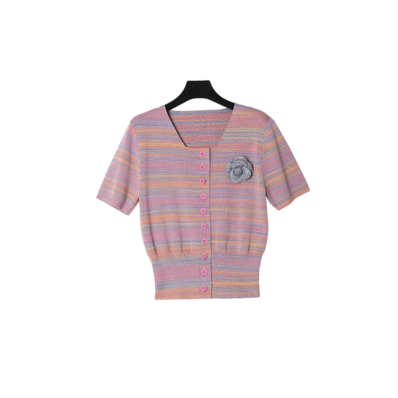 CELLENDI邂逅多彩条纹制定调色单排扣山茶花小香风针织短袖22129