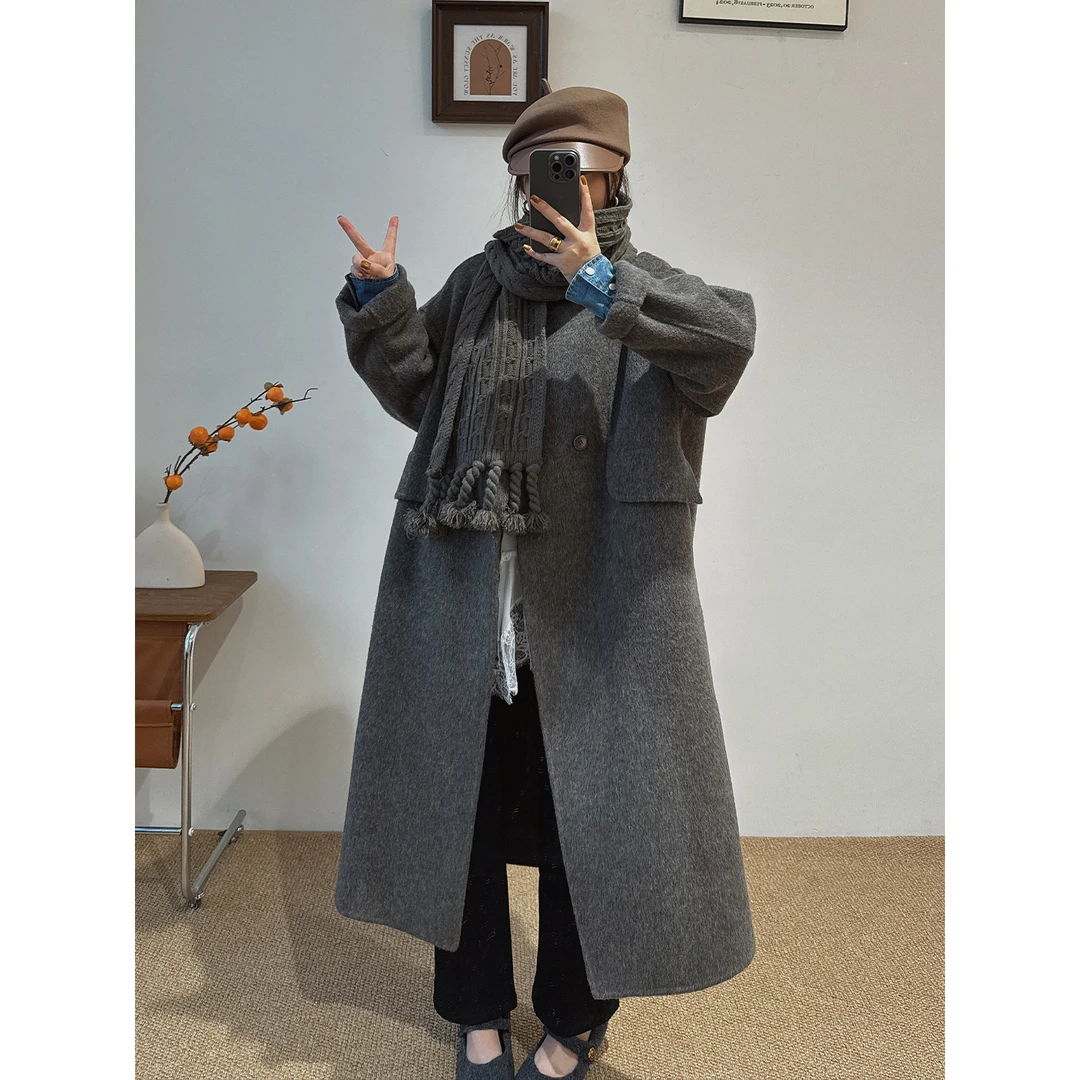 洪小姐微胖简约双面羊毛中长款毛呢外套女冬季宽松灰色大衣高级感