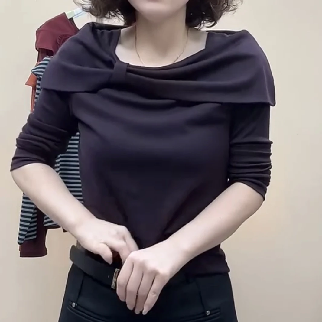 一字领显瘦小众T恤常规打底衫气质抗起球长袖休闲风