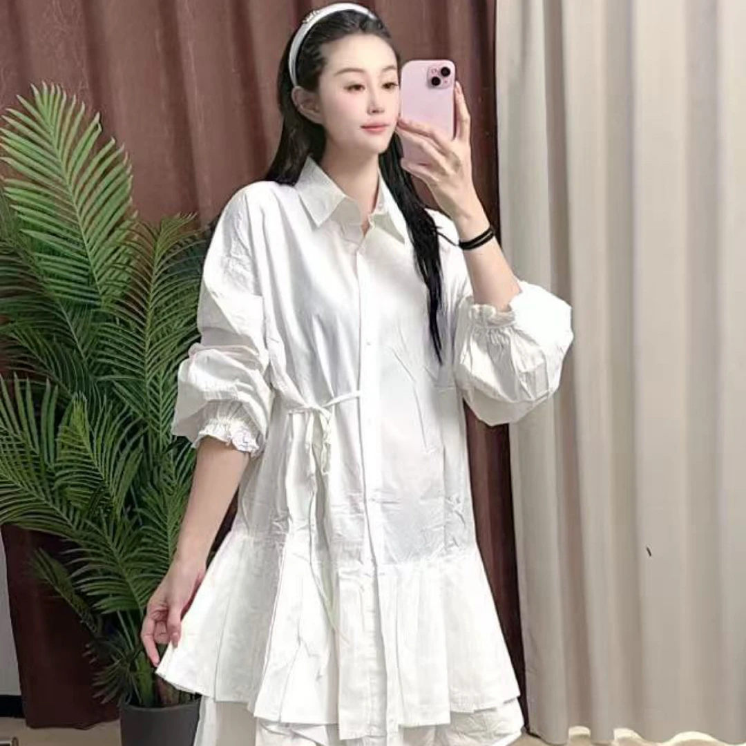 小个子法式白色长袖A字衬衫裙设计感小众春装新款