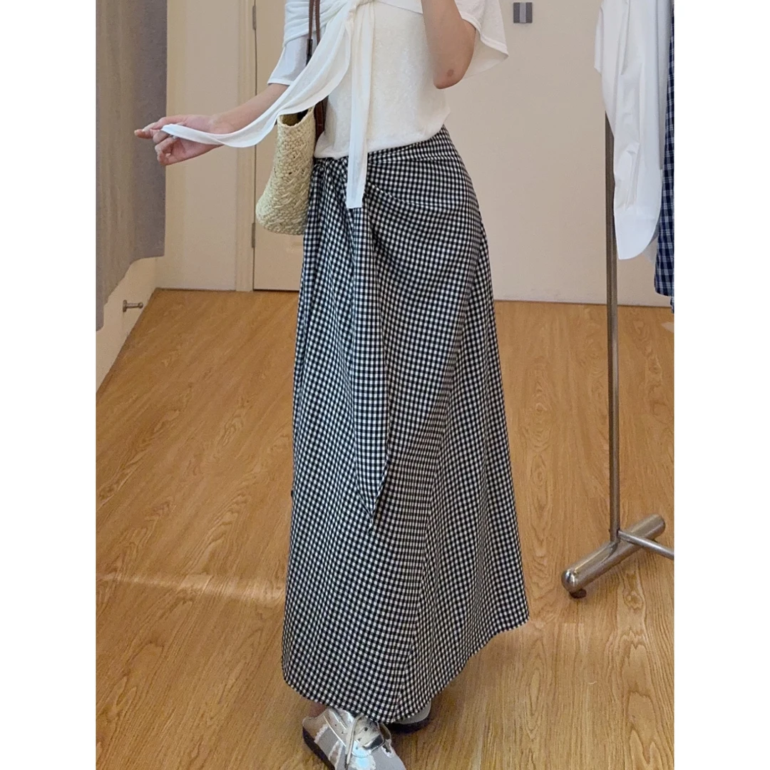 裙长102高个子超长法式格纹高腰半身裙女夏新款绑带a字裙