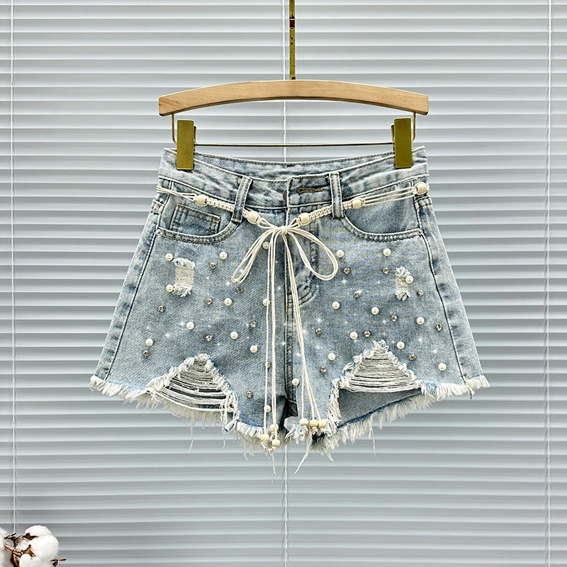 破洞钉珠牛仔裤女热裤潮2025年夏季新款高腰显瘦百搭镶钻阔腿短裤