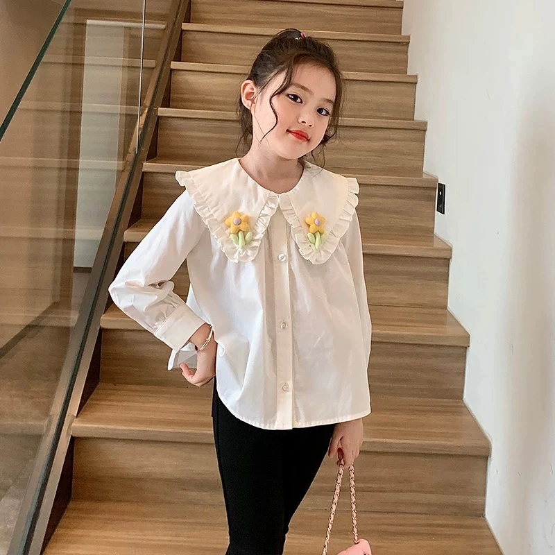 【福利】纯棉新款童装女童衬衫春秋娃娃领白色打底长袖儿童洋气衬衣