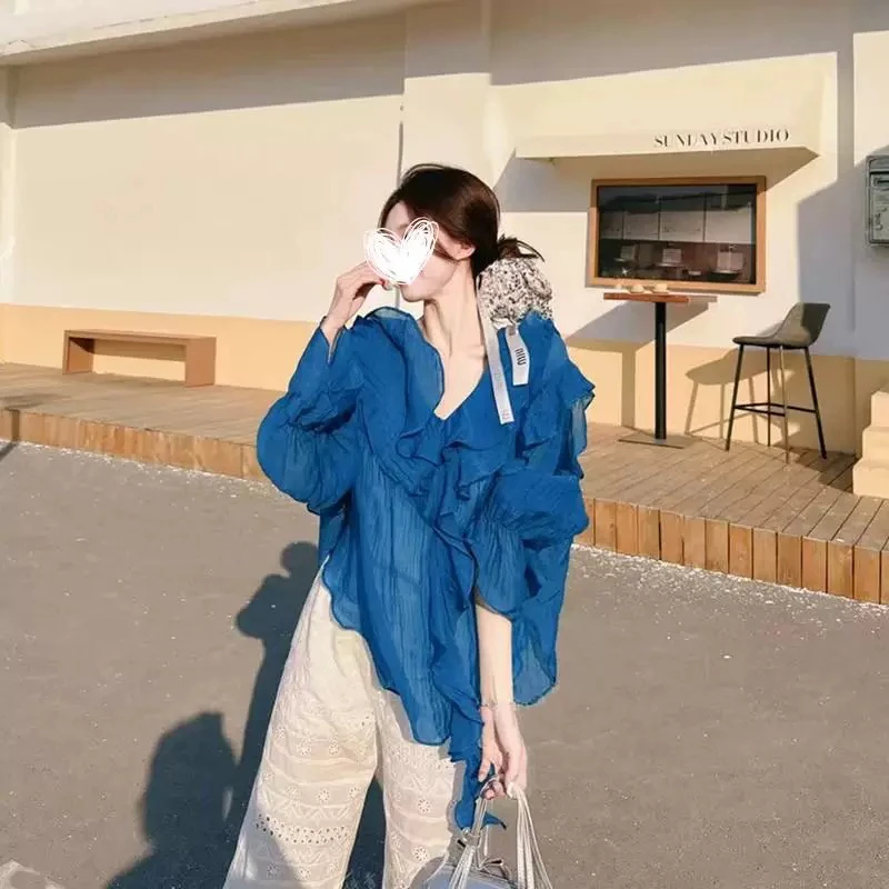 VaVa家：大码女装「蓝梦岛」夏季韩系宽松感多巴胺超洋气荷叶边衬衫