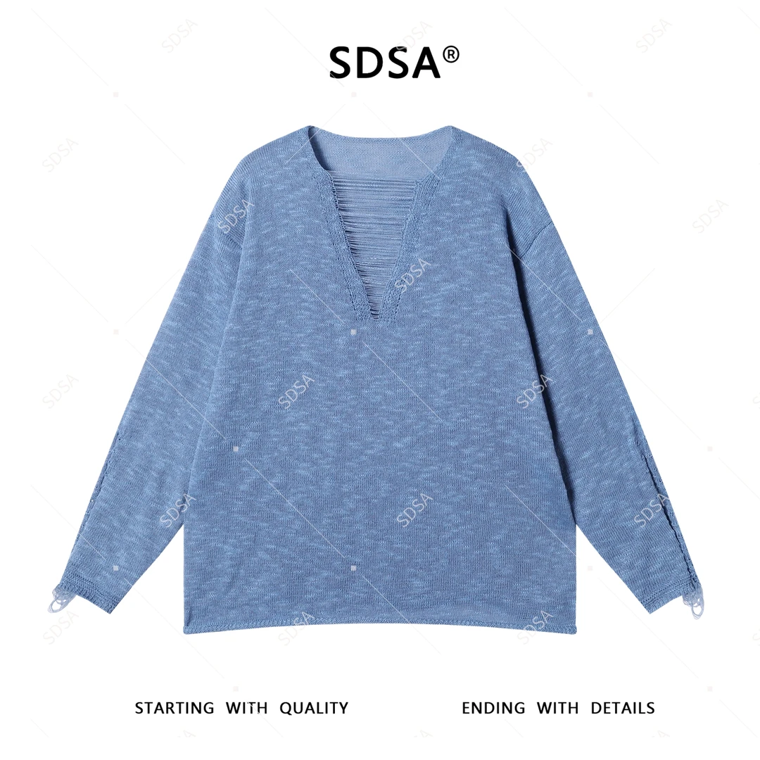 SDSA秋季新款男士痞帅破洞流苏V领镂空针织衫慵懒感宽松薄上衣