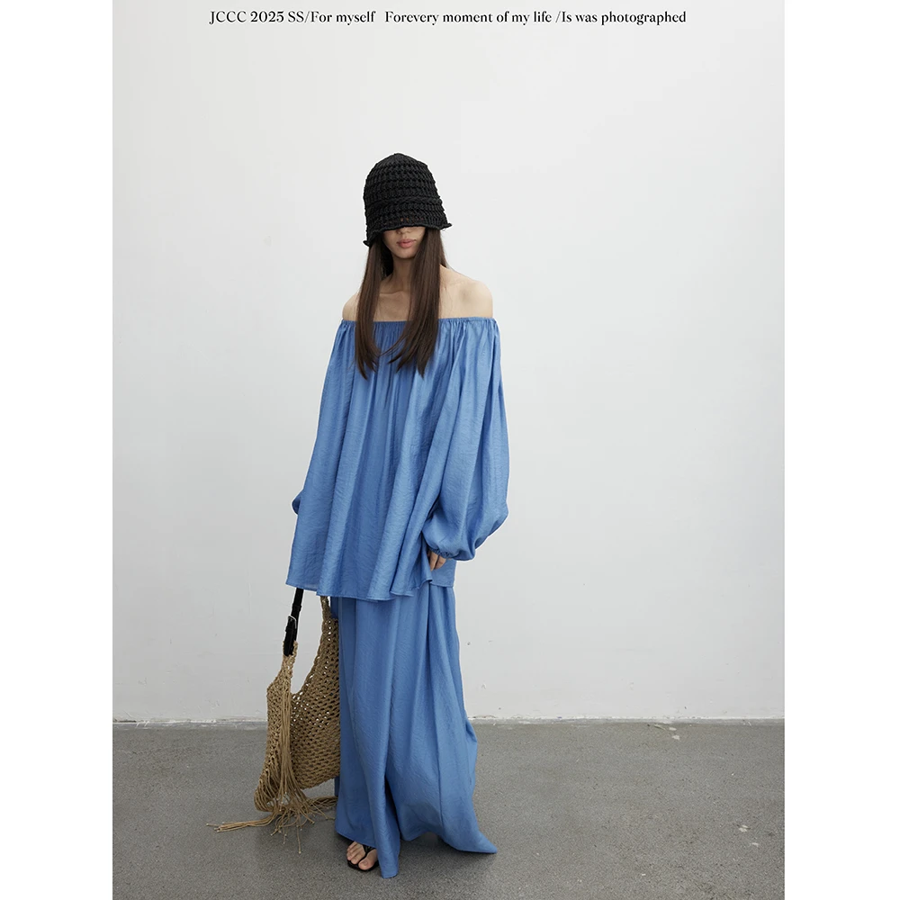 JCCC影子【浪平线】蓝色一字肩慵懒松弛上衣半裙套装JE5BAZ12