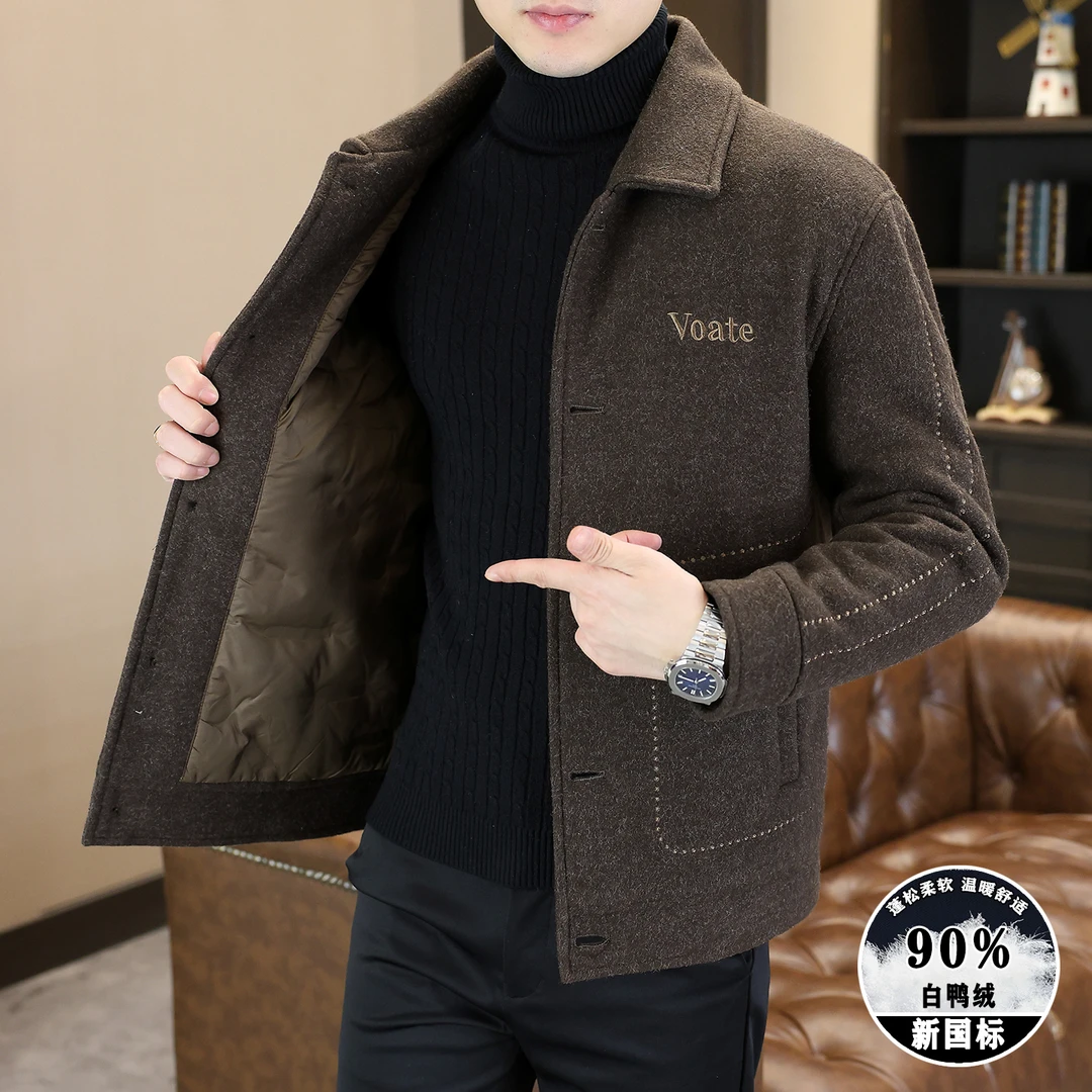 奥美普西比新款新国标羽绒服男冬季潮流休闲翻领短款男士毛呢外套