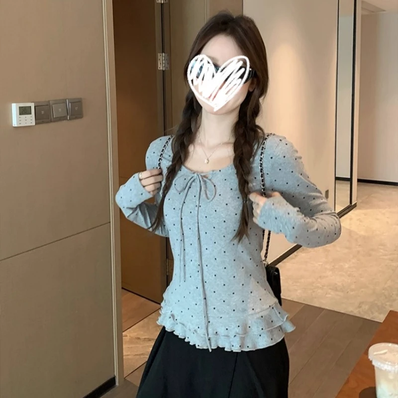 少女风波点木耳边圆领长袖t恤设计蝴蝶结绑带修身显瘦纯欲女上衣