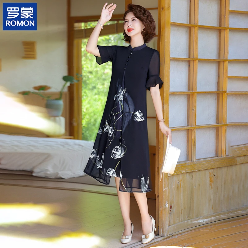 罗蒙妈妈夏装国风雪纺连衣裙中年宽松纱袖裙子中老年女时尚过膝裙