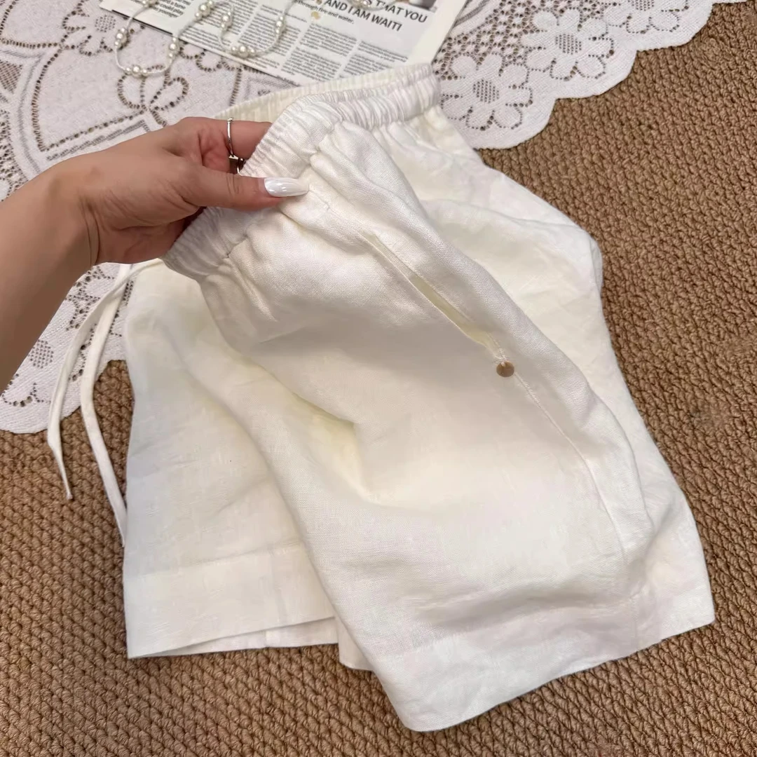 高级极简老钱风白色亚麻短裤女25夏新款高腰休闲裤休闲裤百搭时尚