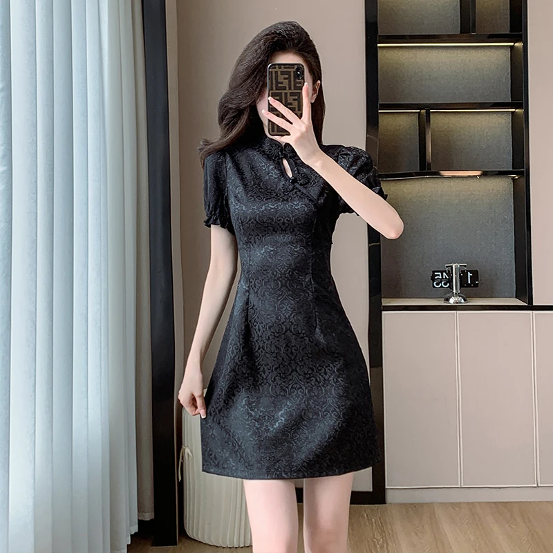 新短款国风气质修身时尚旗袍裙女款收腰显瘦小个子黑色连衣裙裙子
