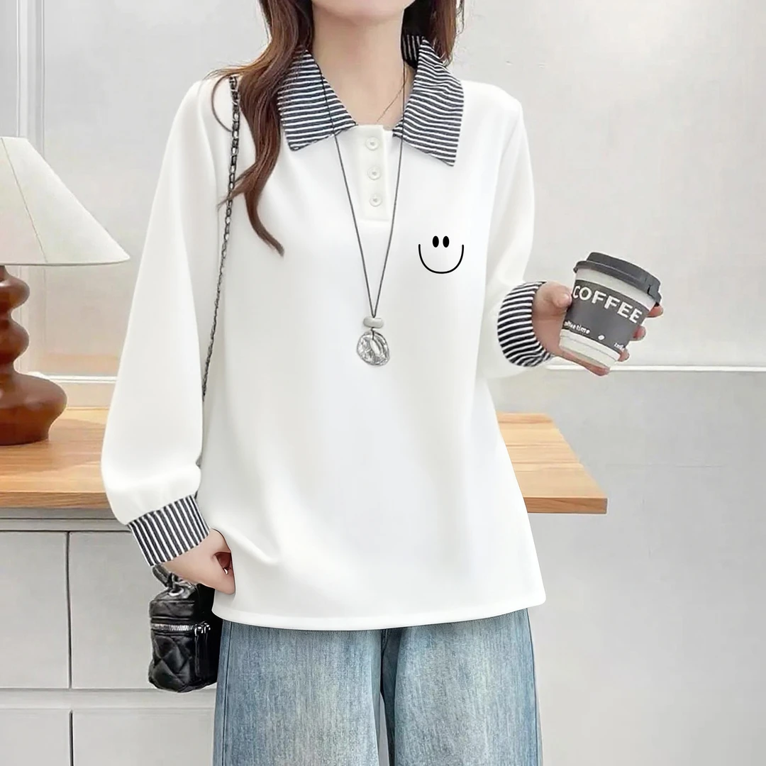 秋款长袖女士休闲t恤条纹拼接白色上衣POLO领打底衫独特漂亮小衫