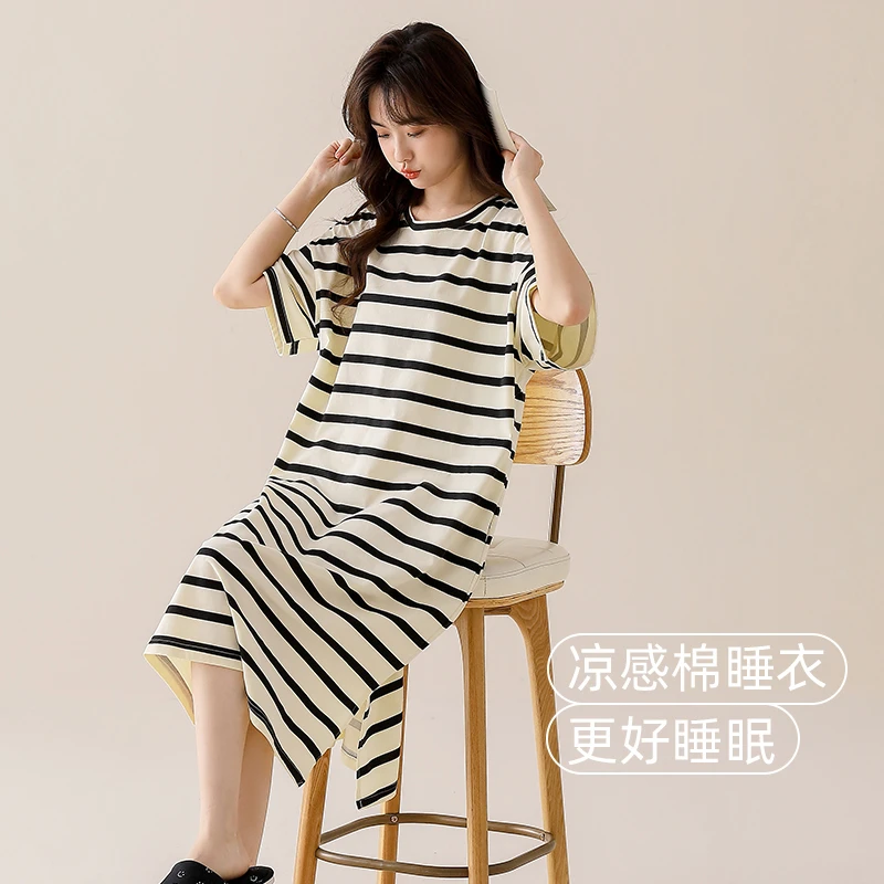 2024夏季新款简约条纹宽松纯棉睡裙修身透气短袖家居服韩版可外穿