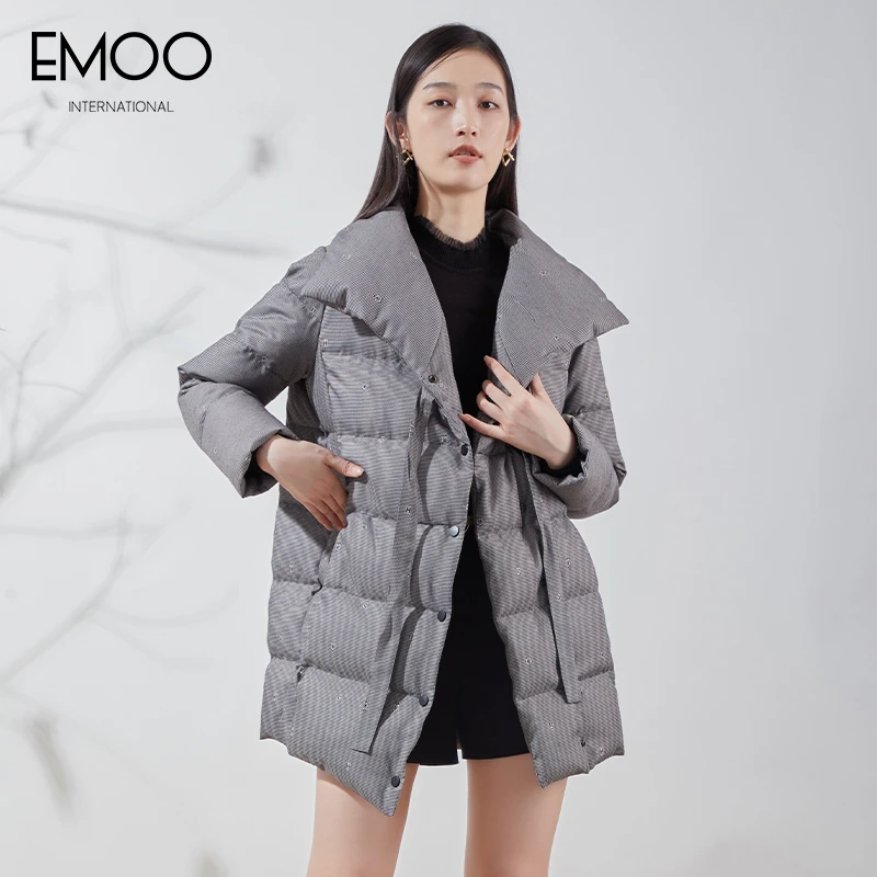 EMOO/杨门冬季格子羽绒服时尚休闲女士宽松中长款保暖E41Y019320