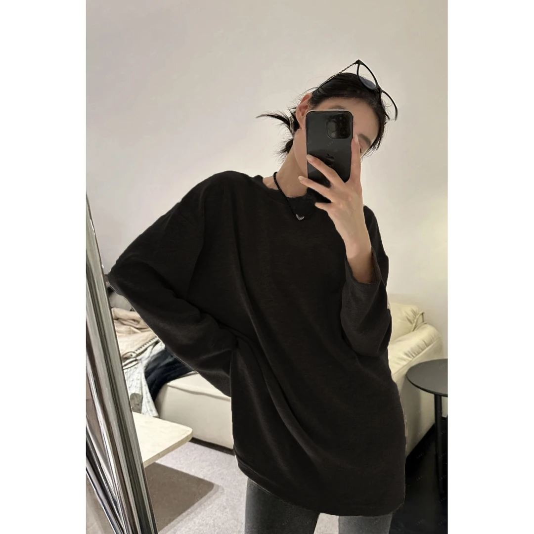 纯色简约灰色德绒内搭打底衫女宽松保暖中长款长袖t恤冬季上衣潮