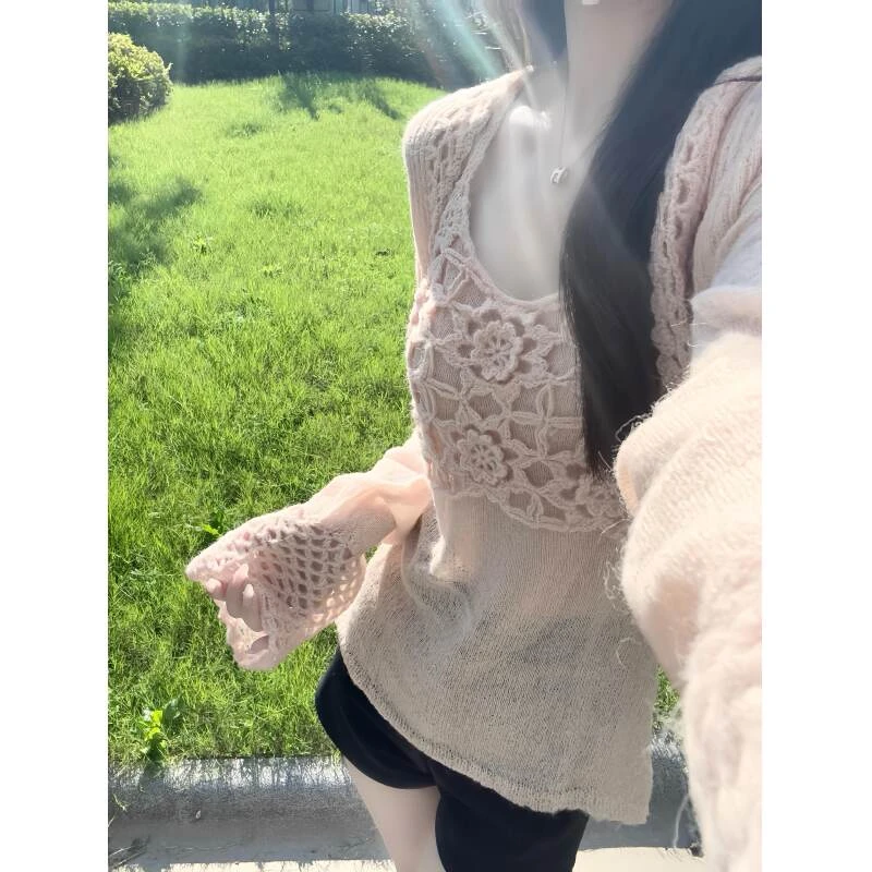 韩系穿搭一整套挂脖吊带外搭针织开衫女春秋穿搭罩衫上衣短裤套装