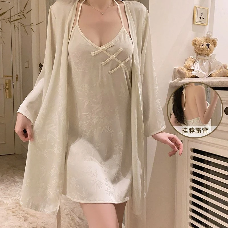 【蜜柔轻羽】性感甜美睡裙若提花套装挂脖顺滑新品牌瑰家居服外袍新