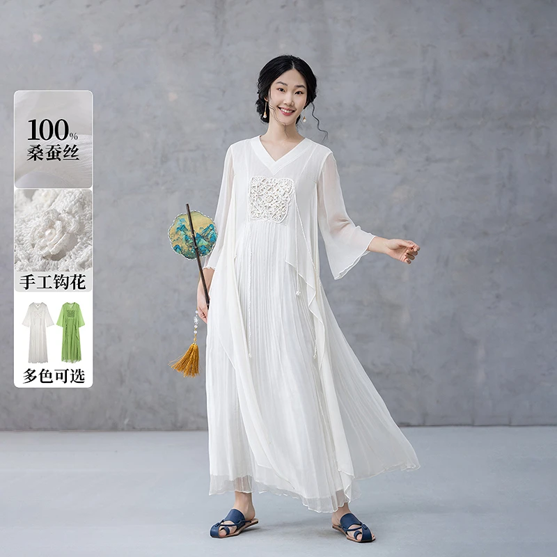 生活在左春夏中国风手工钩花仙气日常飘逸复古齐胸薄款真丝连衣裙