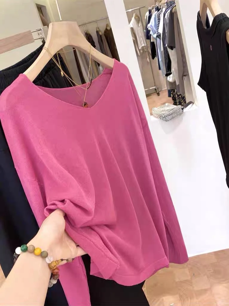 2507宽松长袖V领多色系防晒罩衫上衣