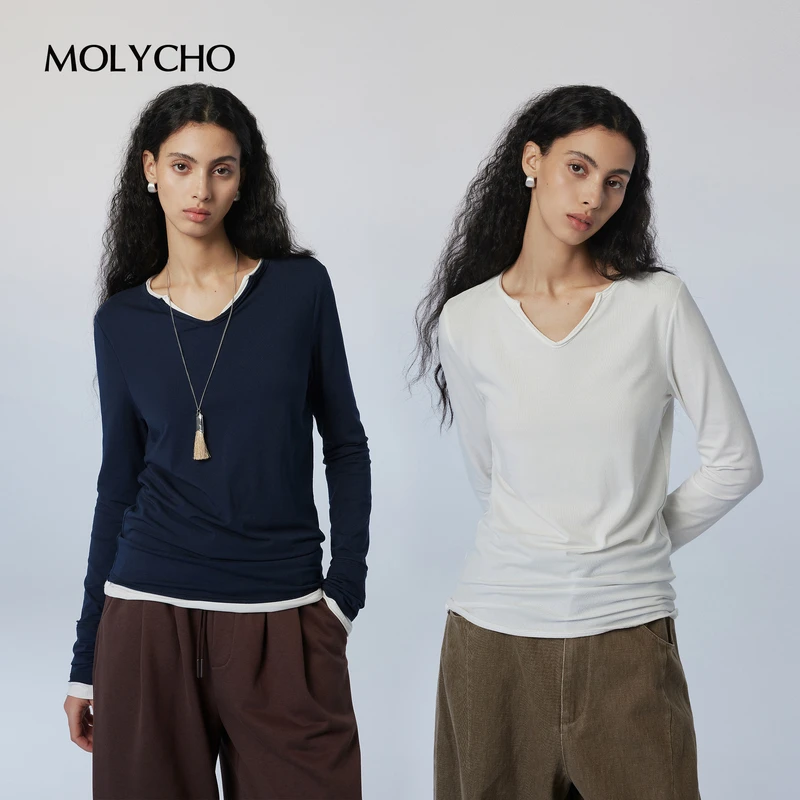 MOLYCHO  | 衣橱B备/简约V领卷边长袖T恤女/微宽松百搭打底衫上衣