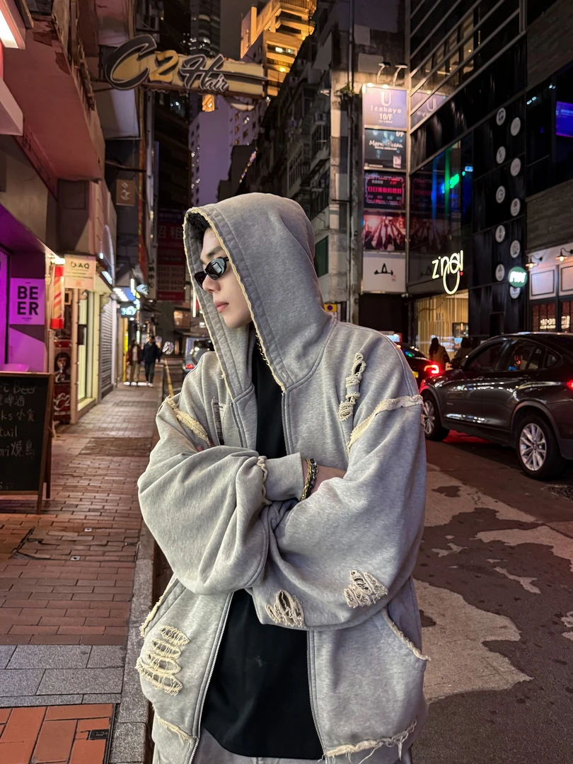 DBW Doublewin怀旧街头 复古水洗破洞重磅卫衣男百搭宽松连帽外套