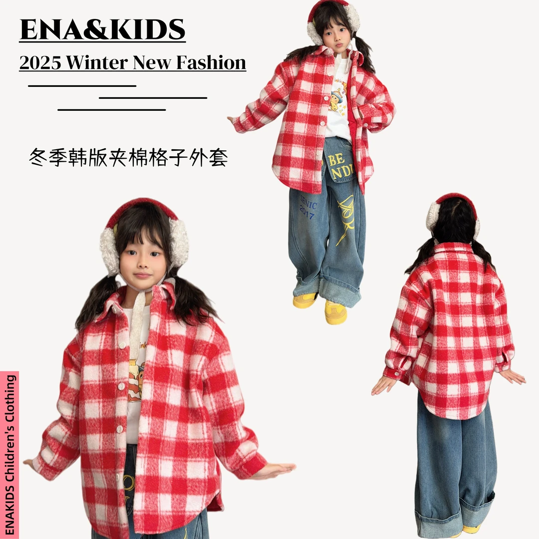 ENA恩娜kids【童话红格】女童韩版夹棉格子大衣冬季中长款棉外套