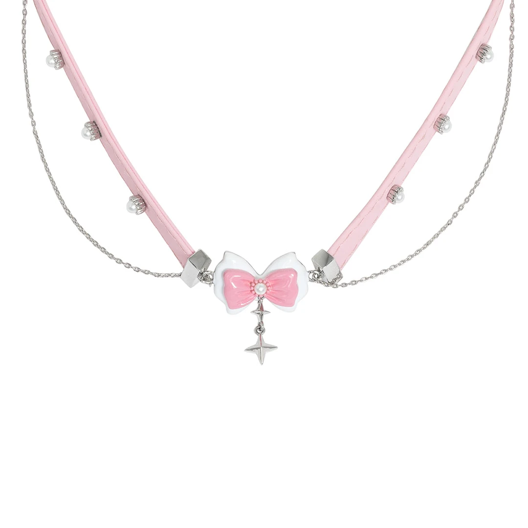 铜合金皮质项链 BA  BA饰物局春日粉色系列甜酷蝴蝶结chocker项链